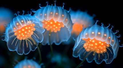 Glowing bioluminescent flower-like organisms with translucent petals on stems, against a dark background