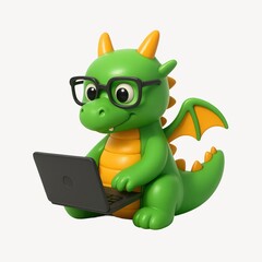 Naklejka premium Cute dragon using laptop
