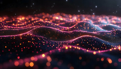 Abstract undulating surface, orange-pink bokeh, faint grid texture, with glowing particle accents against a dark space
