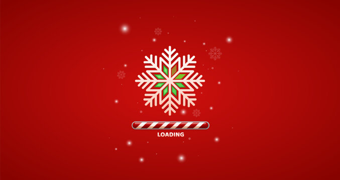 Vector illustration of a "Loading Christmas" progress bar. Fun and festive design with holiday elements like snow, gifts, Santa hat, stars, lights, and ornaments. Perfect for greeting cards, websites.