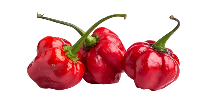 Three vibrant red scotch bonnet peppers, isolated on transparent background, display their wrinkled texture and glossy sheen