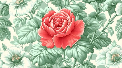 Elegant Red Peony and Green Leaves Floral Seamless Pattern