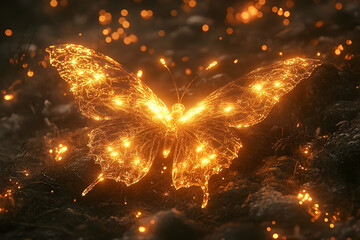 Golden, glowing butterfly hovering over a textured, dark ground with floating bokeh lights