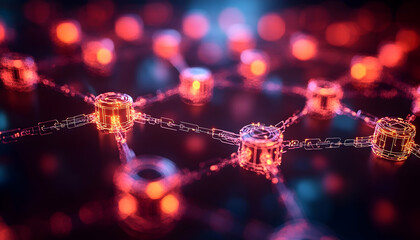 An abstract, interconnected network glows with red and orange light against a dark blue background