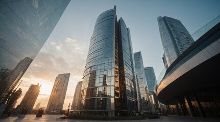 Modern Glass Skyscrapers at Sunset in a City