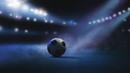 textured soccer game field - center, midfield. spotlight illuminates asphalt, smoke