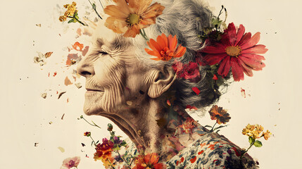 Abstract artwork of elderly woman with flowers forming from head