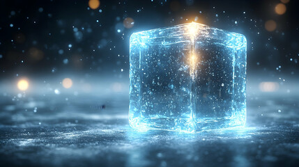 Glowing translucent cube on a frosted surface with bokeh lights, suggesting cold, freshness, or digital abstraction