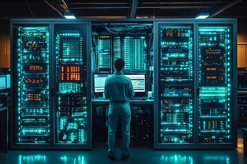 Data center technician standing before server racks and monitoring computer system