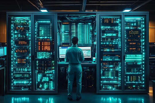 Data center technician standing before server racks and monitoring computer system