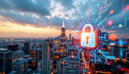 Cybersecurity Hologram Lock Icon Over New York City Skyline at Dusk Digital Art Concept Urban Environment