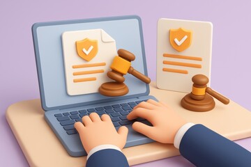 Legal document protection concept with hands typing on laptop
