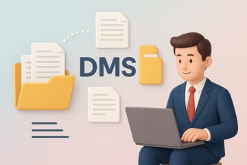 Document management system concept with businessman using laptop