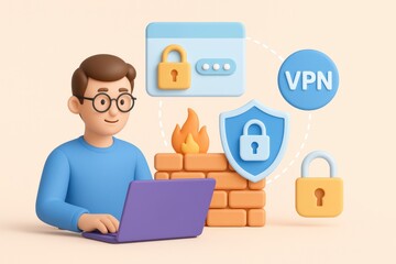 Man using laptop with VPN and firewall security icons