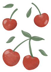 cherries with leaves digital watercolor illustration png no background