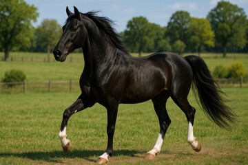 Majestic black horse trotting gracefully.