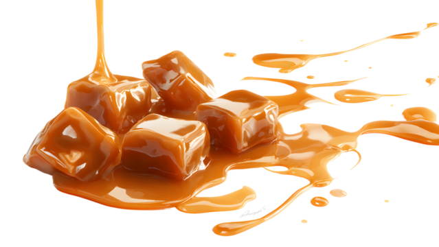 Golden caramel cubes, glistening and rich, cascade onto a white background, isolated on transparent background