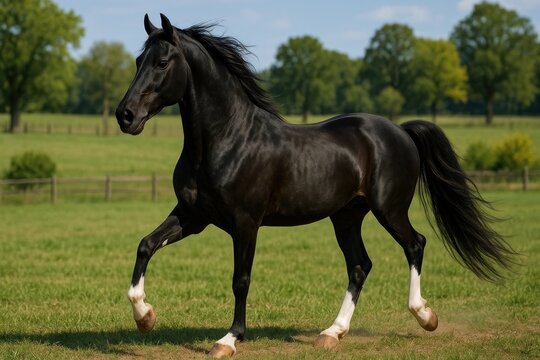 Majestic black horse trotting gracefully.