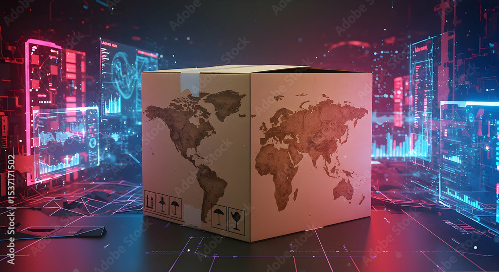 Poster Global Shipping Concept: Cardboard Box with World Map on Digital Background