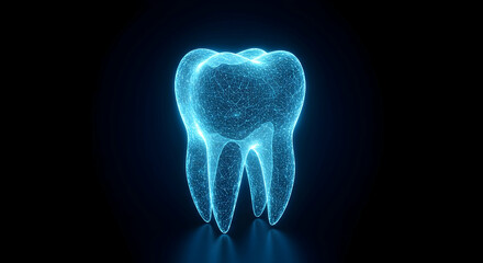 Glowing Blue Polygonal Tooth on Dark Background