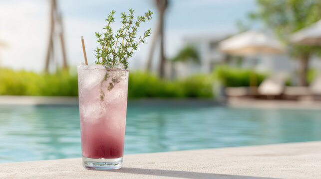 refreshing cocktail named plum charm elegantly placed on smooth surface surrounded by pine trees