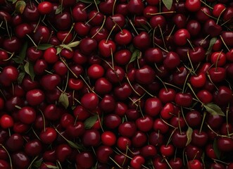 fresh red cherries top view background, flat lay fruit texture