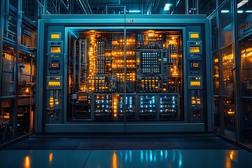Modern data center interior displaying illuminated servers and digital infrastructure equipment