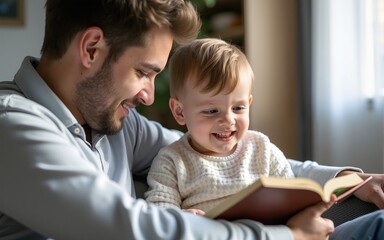Happy child reading book with father. High quality