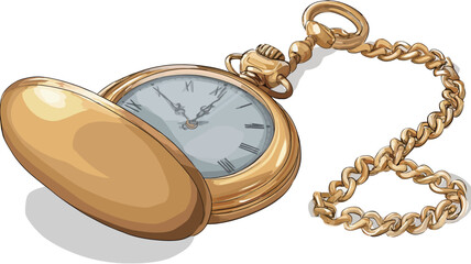 A digital illustration depicting a gold pocket watch with its cover open, revealing a light-blue clock face with Roman numerals.  The watch is shown from a three-quarter perspective
