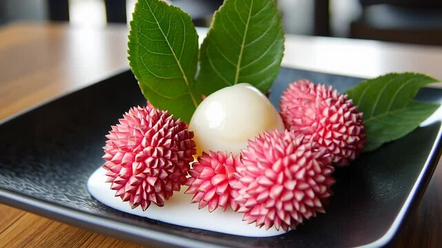 Exotic lychee fruit with green leaves on a dark plate culinary still life