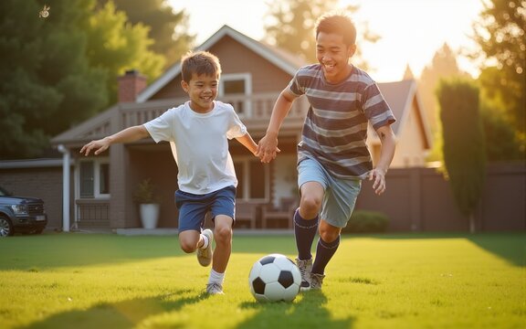 Joyful father and son playing soccer in backyard depicting family bonding beautiful day outdoor activity concept. High quality