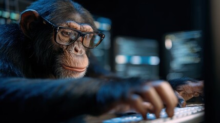 A chimpanzee wearing glasses types on a keyboard in a dark tech-filled room, resembling a programmer at work.