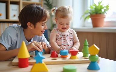 Child and parent playing with a colorful wooden educational toy, improving motor skills and learning shapes through hands-on interaction. High quality