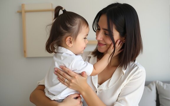 Parent-child interaction demonstrating the importance of secure attachment in early childhood.A woman holding a little girl, showing gestures of comfort and care. High quality