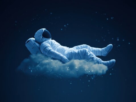 Surreal digital artwork of an astronaut peacefully floating on a cloud in a starry night sky.