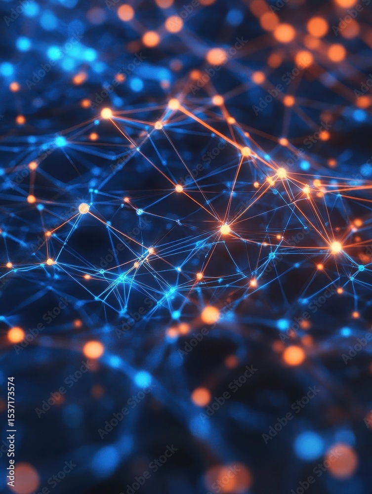 Poster abstract tech network data connections with orange, blue glowing dots, lines. artificial intelligenc