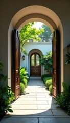 Fototapeta premium Elegant, modern gates leading to a serene interior garden Sunlight streams through, illuminating lush greenery and paving stones Perfect for architectural, design, and lifestyle projects , home, calm