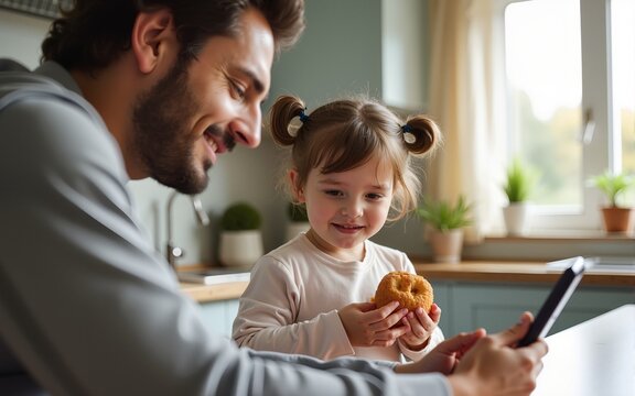 Cheerful child holding pastry near father using smartphone in kitchen in morning. High quality - Powered by Adobe