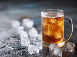 A frosty glass of cold beer filled with ice cubes surrounded by melting ice on a dark textured surface.