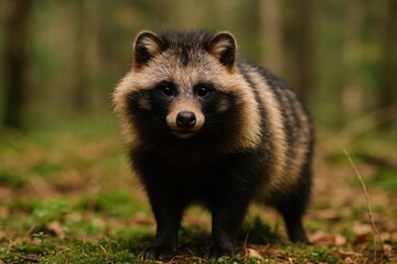 Curious raccoon dog in forest