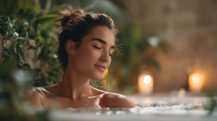 Woman with a relaxed expression enjoys a luxurious bath surrounded by lush greenery and soothing candlelight. Perfect for concepts of relaxation, self-care, and spa advertisements featuring 