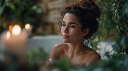 Woman with a relaxed expression enjoys a luxurious bath surrounded by lush greenery and soothing candlelight. Perfect for concepts of relaxation, self-care, and spa advertisements featuring 