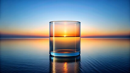 A glass of water reflects a vibrant sunset over a calm ocean horizon