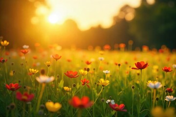 Golden hour sunlight bathes a vibrant summer field, wildflowers swaying gently in the breeze Perfect for summer, nature, and idyllic landscape themes , blue, orange