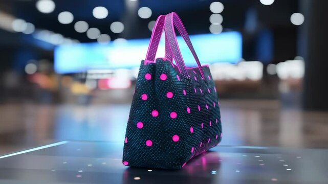 Polka-dot bag, hot pink handles on reflective surface