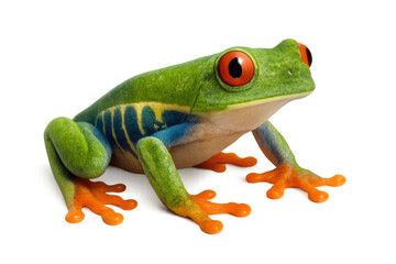 Vibrant red-eyed tree frog perching with striking green, blue, yellow, orange coloration against transparent backdrop