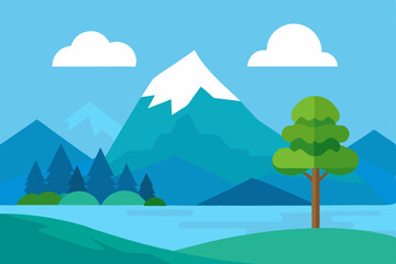 A vibrant vector illustration captures a summer mountain landscape with green trees, hills, and clouds