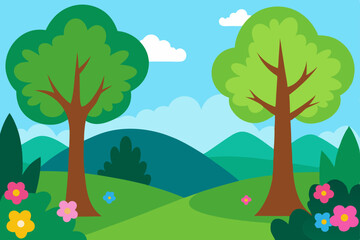 Fototapeta premium A vibrant cartoon illustration depicts a serene spring countryside landscape with a tree, rolling green hills, and a bright blue sky filled with fluffy clouds, embodying the beauty of nature