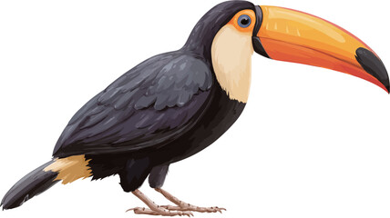 Obraz premium A digital illustration of a toucan. The bird is depicted in a three-quarter view, facing slightly to the right. The toucan is primarily black with a yellow and orange undertail and a large,