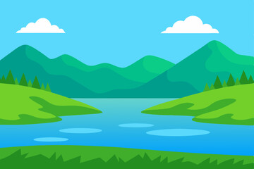 Fototapeta premium Serene mountain landscape with a clear lake, green meadows, and a vibrant blue sky with clouds